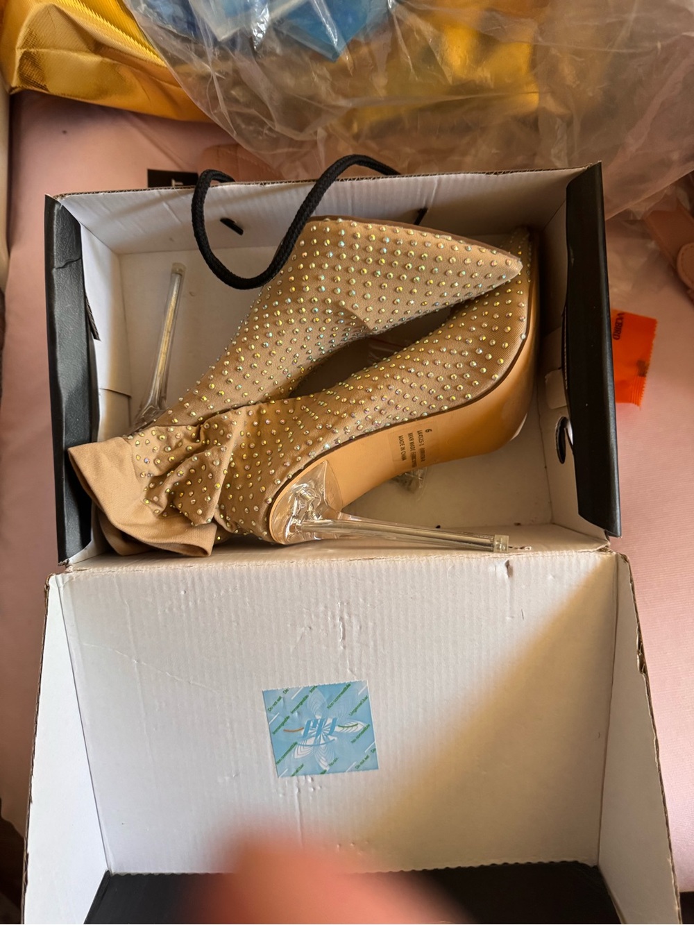 Fashion Nova Gold Rhinestone Pointed Clear-Stiletto Booties